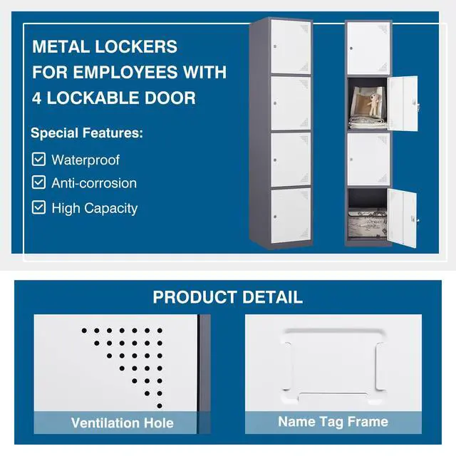 Alt view image 4 of 7 - Metal Locker Cabinet with 4 Doors, 71" Storage for Employees, 4 Tier Steel Locker with Lock and Keys for School, Gym, Home, Office Staff (Grey White)
