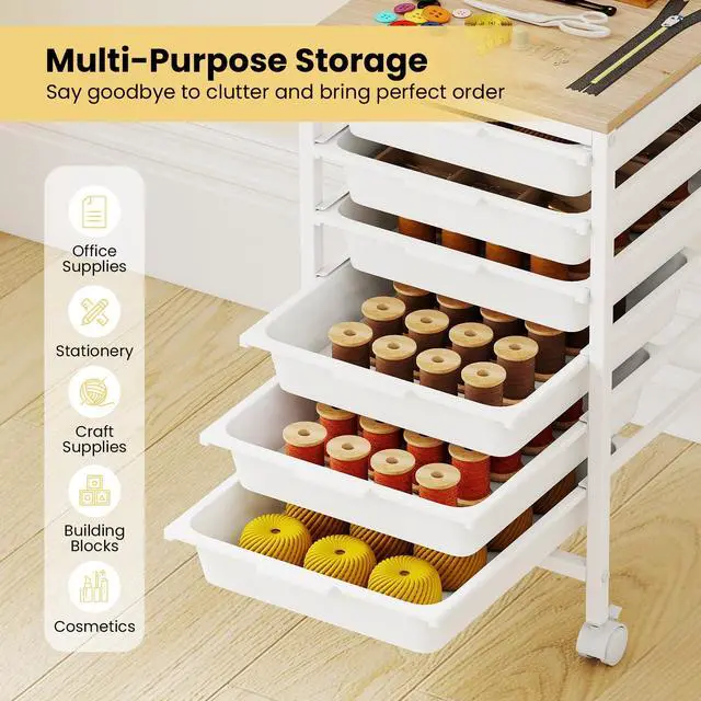 Alt view image 4 of 7 - Rolling Cart with Drawers, 6 Drawer Rolling Storage Cart with Wooden Tabletop, Metal Frame & Lockable Wheels, Craft Organizers and Storage for Home Office Classroom (White, 6 Drawer)