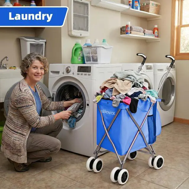 Alt view image 7 of 7 - Shopping Carts for Groceries Foldable Rolling Trolley with 360° Double Front Swivel Wheels Waterproof Removable Canvas Liner with Cover for Laundry Grocery, Baggage, Picnic (Holds Up to 120 lbs)