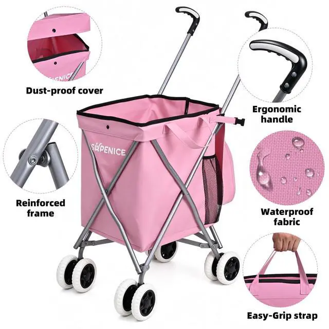 Alt view image 4 of 7 - Shopping Carts for Groceries Foldable Rolling Trolley with 360° Double Front Swivel Wheels Waterproof Removable Canvas Liner with Cover for Laundry Grocery, Baggage, Picnic (Holds Up to 120 lbs)