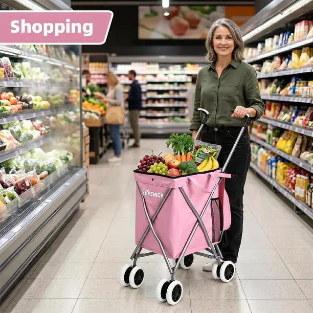 Alt view image 6 of 7 - Shopping Carts for Groceries Foldable Rolling Trolley with 360° Double Front Swivel Wheels Waterproof Removable Canvas Liner with Cover for Laundry Grocery, Baggage, Picnic (Holds Up to 120 lbs)