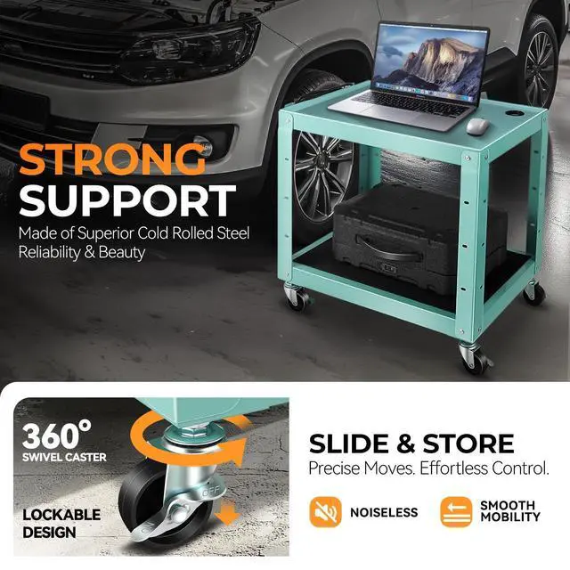 Alt view image 4 of 7 - Adjustable AV Cart w/Power Strip, 4 ft Rolling Stand, Blue | 25*18*42", 3 Outlets, 2 USB Ports, 4' Cord, Fits Projector/TV/Laptop/Printer, 4 Wheels, Height-Adjustable, for Presentation