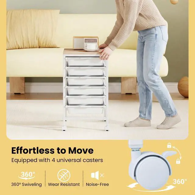 Alt view image 6 of 7 - Rolling Cart with Drawers, 6 Drawer Rolling Storage Cart with Wooden Tabletop, Metal Frame & Lockable Wheels, Craft Organizers and Storage for Home Office Classroom (White, 6 Drawer)