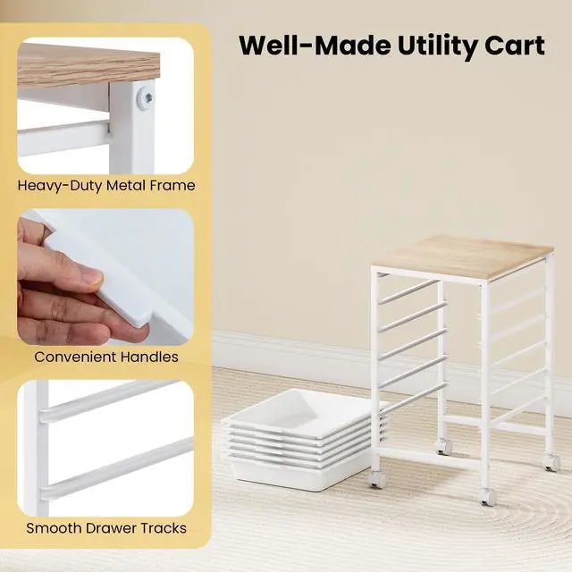 Alt view image 7 of 7 - Rolling Cart with Drawers, 6 Drawer Rolling Storage Cart with Wooden Tabletop, Metal Frame & Lockable Wheels, Craft Organizers and Storage for Home Office Classroom (White, 6 Drawer)