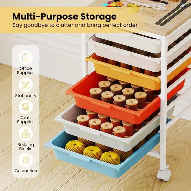 Alt view image 4 of 7 - Rolling Cart with Drawers, 6 Drawer Rolling Storage Cart with Wooden Tabletop, Metal Frame & Lockable Wheels, Craft Organizers and Storage for Home Office Classroom (Macaron, 6 Drawer)