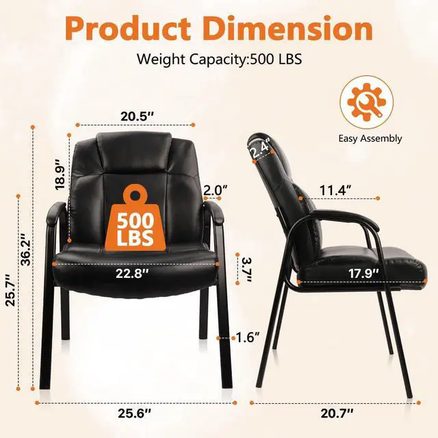 Alt view image 3 of 7 - Heavy Duty Guest Chair with Padded Armrests, Executive Leather Soft Reception Chair 400lbs Capacity for Office Conference Waiting Meeting Room, Black (2 Pack)