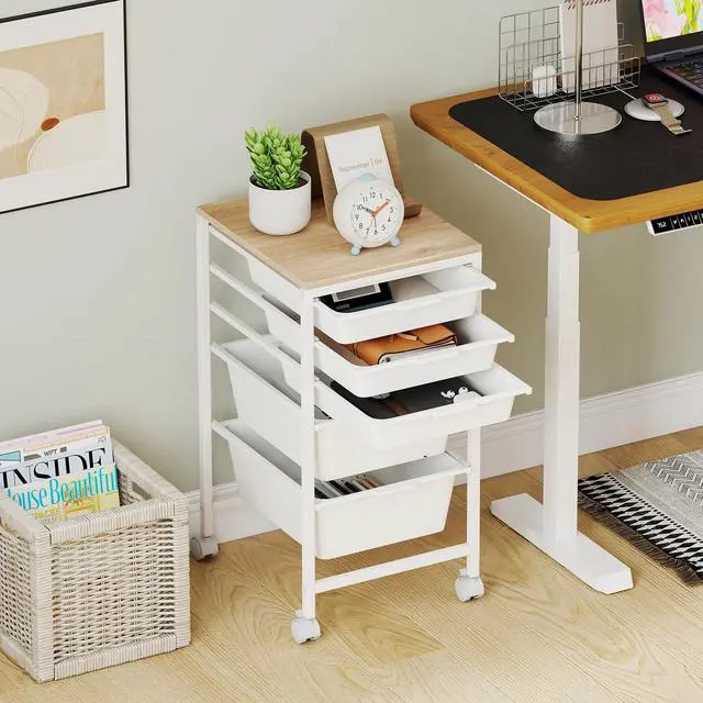 Alt view image 2 of 7 - Rolling Cart with Drawers, 5 Drawer Rolling Storage Cart with Wooden Tabletop, Metal Frame & Lockable Wheels, Craft Organizers and Storage for Home Office Classroom (White, 5 Drawer)