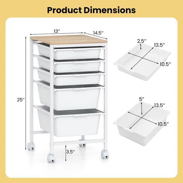 Alt view image 3 of 7 - Rolling Cart with Drawers, 5 Drawer Rolling Storage Cart with Wooden Tabletop, Metal Frame & Lockable Wheels, Craft Organizers and Storage for Home Office Classroom (White, 5 Drawer)