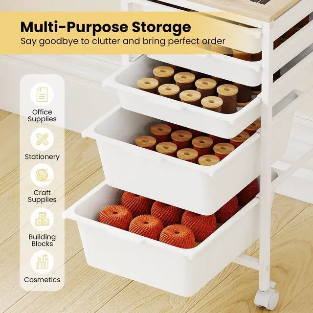 Alt view image 4 of 7 - Rolling Cart with Drawers, 5 Drawer Rolling Storage Cart with Wooden Tabletop, Metal Frame & Lockable Wheels, Craft Organizers and Storage for Home Office Classroom (White, 5 Drawer)