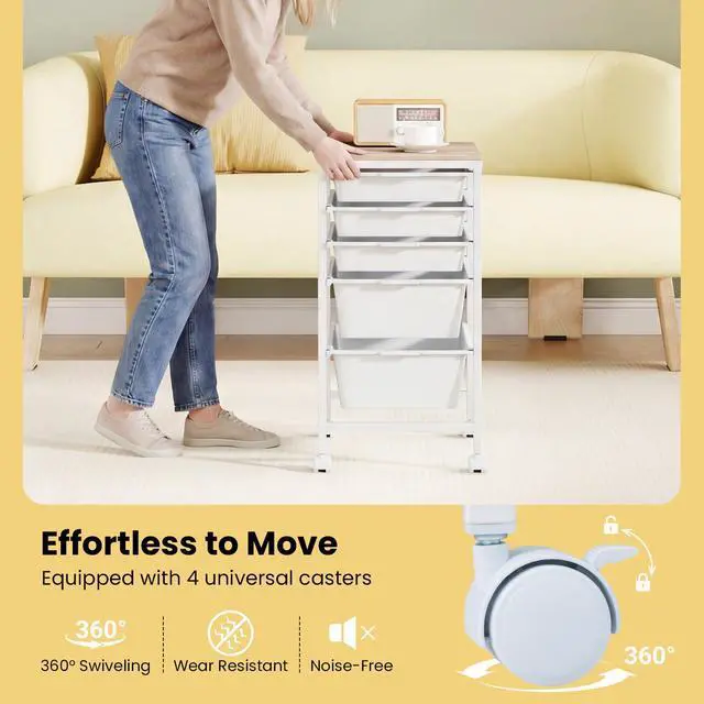 Alt view image 6 of 7 - Rolling Cart with Drawers, 5 Drawer Rolling Storage Cart with Wooden Tabletop, Metal Frame & Lockable Wheels, Craft Organizers and Storage for Home Office Classroom (White, 5 Drawer)