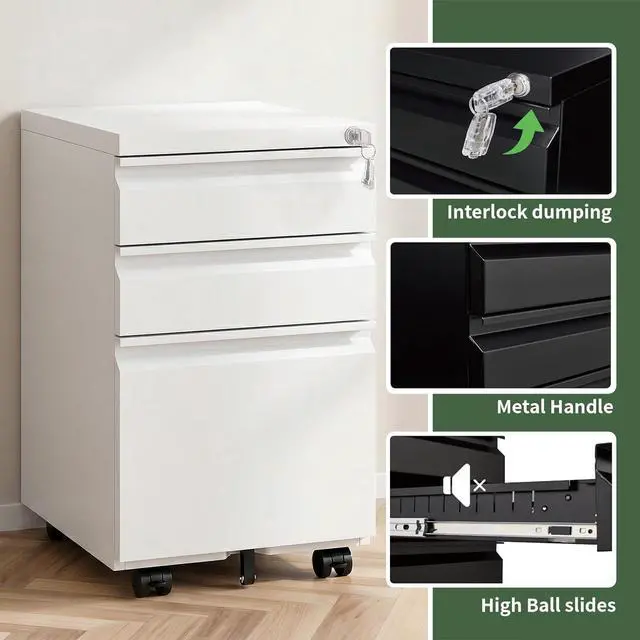 Alt view image 6 of 7 - 3 Drawer Rolling File Cabinet with Lock & Wheels | Metal Mobile File Cabinet for Home Office, Under Desk Storage, Fully Assembled, Letter, Legal & A4 Files, White