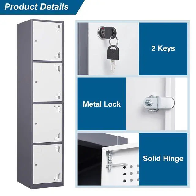 Alt view image 5 of 7 - Metal Locker Cabinet with 4 Doors, 71" Storage for Employees, 4 Tier Steel Locker with Lock and Keys for School, Gym, Home, Office Staff (Grey White)