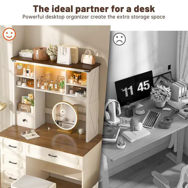Alt view image 7 of 7 - Farmhouse Desk Shelf, Adjustable Shelf with LED for Dorm & Office | Students & Remote Workers, Drawer & 8 Shelves, Adjustable Organizes Desktop