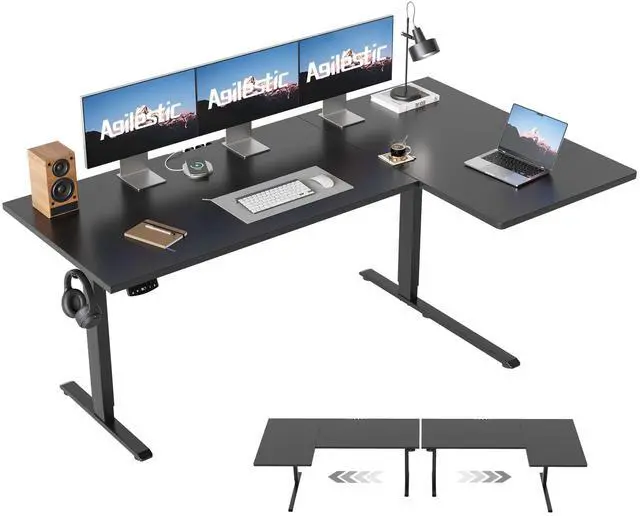 Main image of 63 * 35 Inch Reversible L Shaped Electric Standing Desk, Black | Reversible left-right installation, L-shape Workspace, Sturdy Steel Frame, Memory Presets, Hooks, 176 lbs, Easy Assembly