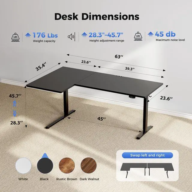 Alt view image 3 of 7 - 63 * 35 Inch Reversible L Shaped Electric Standing Desk, Black | Reversible left-right installation, L-shape Workspace, Sturdy Steel Frame, Memory Presets, Hooks, 176 lbs, Easy Assembly