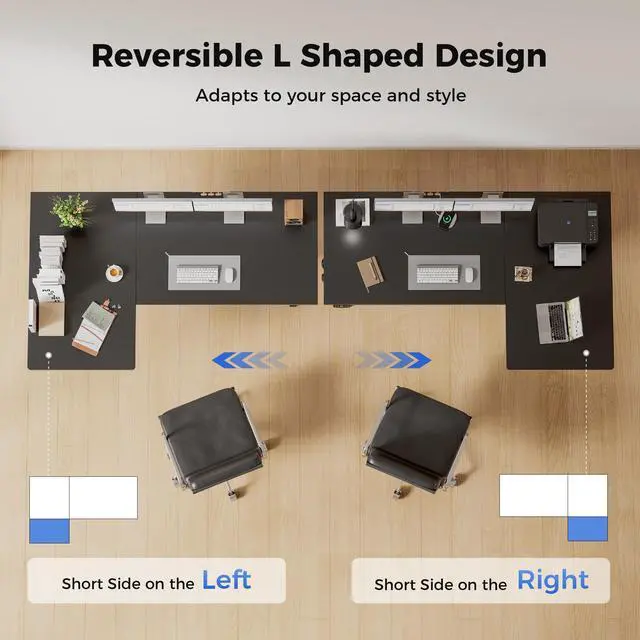Alt view image 4 of 7 - 63 * 35 Inch Reversible L Shaped Electric Standing Desk, Black | Reversible left-right installation, L-shape Workspace, Sturdy Steel Frame, Memory Presets, Hooks, 176 lbs, Easy Assembly