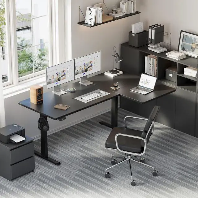 Alt view image 2 of 7 - 63 * 35 Inch Reversible L Shaped Electric Standing Desk, Black | Reversible left-right installation, L-shape Workspace, Sturdy Steel Frame, Memory Presets, Hooks, 176 lbs, Easy Assembly