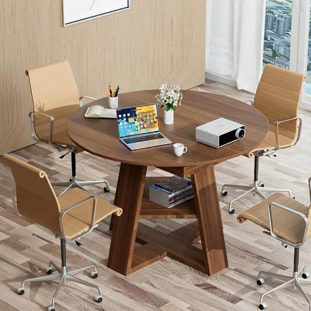 Alt view image 3 of 7 - 43.3in-59in Extendable Round Conference Table for 4-6 People,Space Saving | Wooden Oval Meeting Room Table with Removable Leaves,Office Table with Storage Shelf for for Office Conference Room