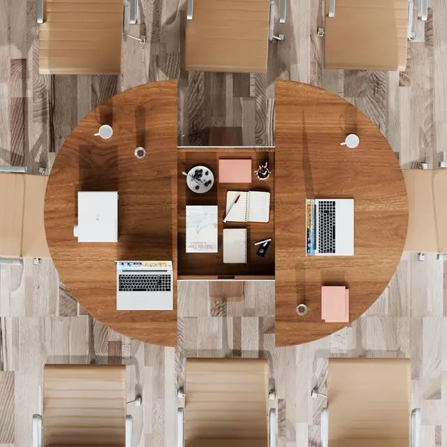 Alt view image 4 of 7 - 43.3in-59in Extendable Round Conference Table for 4-6 People,Space Saving | Wooden Oval Meeting Room Table with Removable Leaves,Office Table with Storage Shelf for for Office Conference Room