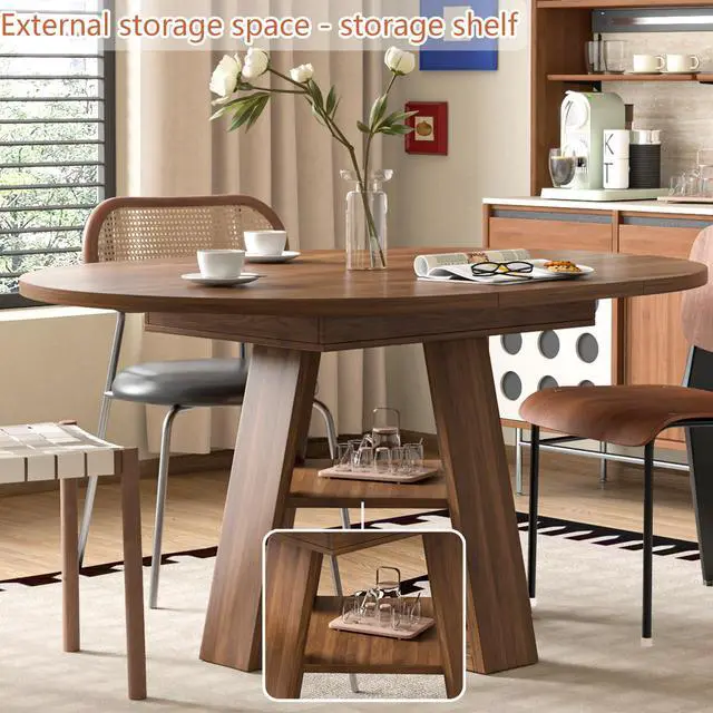Alt view image 5 of 7 - 43.3in-59in Extendable Round Conference Table for 4-6 People,Space Saving | Wooden Oval Meeting Room Table with Removable Leaves,Office Table with Storage Shelf for for Office Conference Room
