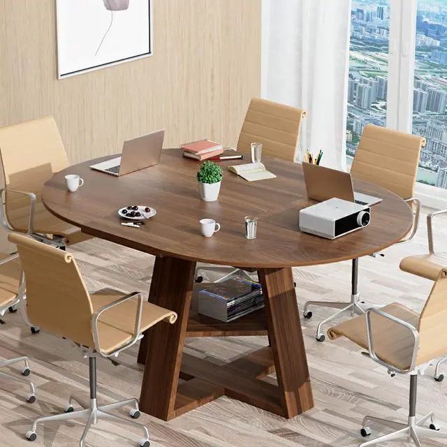 Alt view image 7 of 7 - 43.3in-59in Extendable Round Conference Table for 4-6 People,Space Saving | Wooden Oval Meeting Room Table with Removable Leaves,Office Table with Storage Shelf for for Office Conference Room