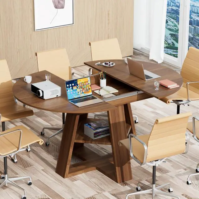 Alt view image 6 of 7 - 43.3in-59in Extendable Round Conference Table for 4-6 People,Space Saving | Wooden Oval Meeting Room Table with Removable Leaves,Office Table with Storage Shelf for for Office Conference Room