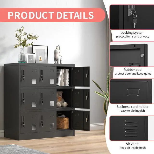 Alt view image 4 of 5 - Metal Lockers for Employees,Office Storage Locker with 9 Doors,Black | Employee Locker with Lock and Card Slot,Steel Staff Locker Storage Cabinet for Gym Home School Garage,Assembly Required