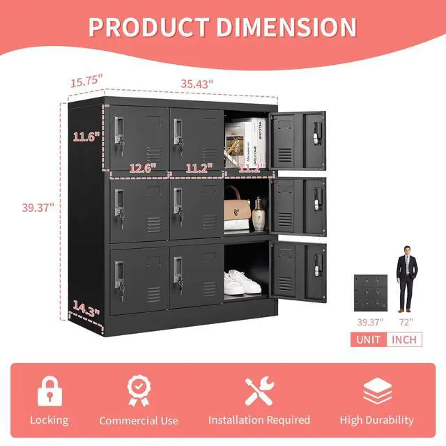 Alt view image 3 of 5 - Metal Lockers for Employees,Office Storage Locker with 9 Doors,Black | Employee Locker with Lock and Card Slot,Steel Staff Locker Storage Cabinet for Gym Home School Garage,Assembly Required