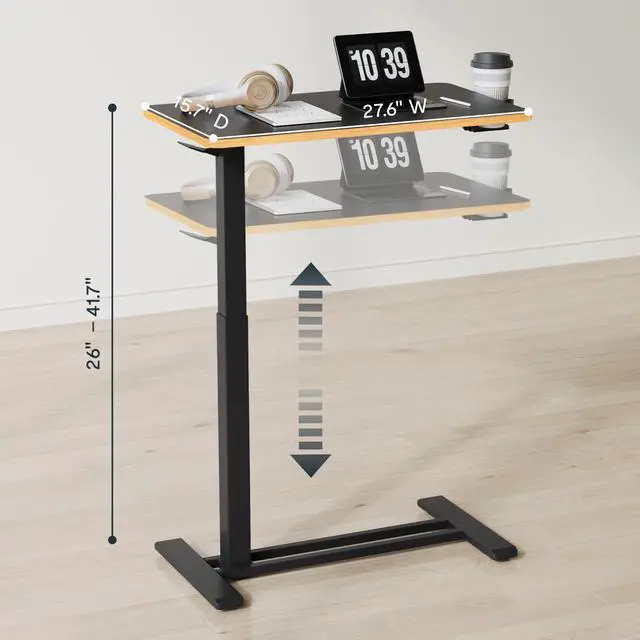 Alt view image 2 of 7 - 28" Mobile Standing Desk Pneumatic Lift Computer Workstations | Computer workstation desk with hidden wheels,Laptop Rolling Cart for home office and small spaces.27.6"W x 15.7"D,Black Maple