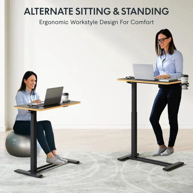 Alt view image 5 of 7 - 28" Mobile Standing Desk Pneumatic Lift Computer Workstations | Computer workstation desk with hidden wheels,Laptop Rolling Cart for home office and small spaces.27.6"W x 15.7"D,Black Maple