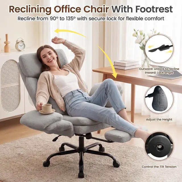 Alt view image 2 of 7 - Big and Tall Executive Office Chair with Foot Rest,Reclining | Extra Wide Seat Desk Chairwith Flip Armrest,Lumbar Pillow,for Pets Sitting,Comfy Criss Cross Legged Chair,Teddy Light Grey