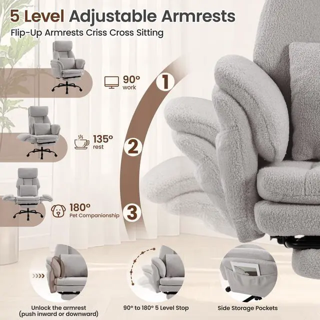 Alt view image 3 of 7 - Big and Tall Executive Office Chair with Foot Rest,Reclining | Extra Wide Seat Desk Chairwith Flip Armrest,Lumbar Pillow,for Pets Sitting,Comfy Criss Cross Legged Chair,Teddy Light Grey