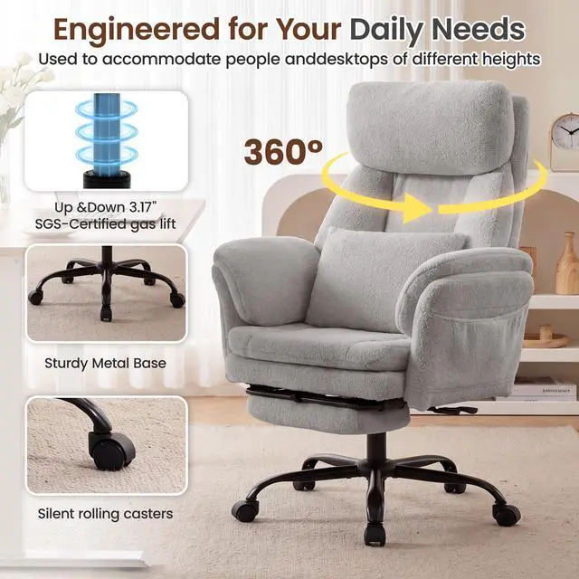 Alt view image 4 of 7 - Big and Tall Executive Office Chair with Foot Rest,Reclining | Extra Wide Seat Desk Chairwith Flip Armrest,Lumbar Pillow,for Pets Sitting,Comfy Criss Cross Legged Chair,Teddy Light Grey