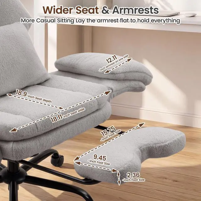 Alt view image 5 of 7 - Big and Tall Executive Office Chair with Foot Rest,Reclining | Extra Wide Seat Desk Chairwith Flip Armrest,Lumbar Pillow,for Pets Sitting,Comfy Criss Cross Legged Chair,Teddy Light Grey