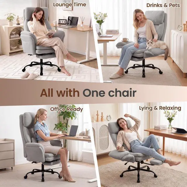 Alt view image 6 of 7 - Big and Tall Executive Office Chair with Foot Rest,Reclining | Extra Wide Seat Desk Chairwith Flip Armrest,Lumbar Pillow,for Pets Sitting,Comfy Criss Cross Legged Chair,Teddy Light Grey