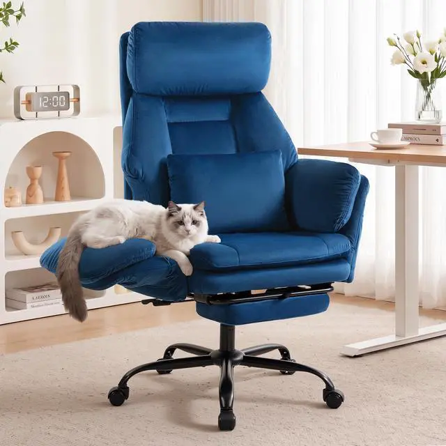 Main image of Big and Tall Executive Office Chair with Foot Rest,Reclining | Extra Wide Seat Desk Chair with Flip Armrest,Lumbar Pillow,for Pets Sitting,Comfy Criss Cross Legged Chair,Velvet Blue