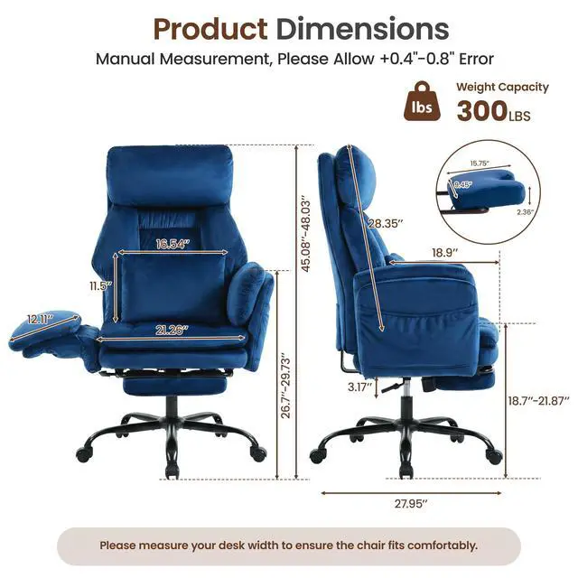 Alt view image 2 of 7 - Big and Tall Executive Office Chair with Foot Rest,Reclining | Extra Wide Seat Desk Chair with Flip Armrest,Lumbar Pillow,for Pets Sitting,Comfy Criss Cross Legged Chair,Velvet Blue