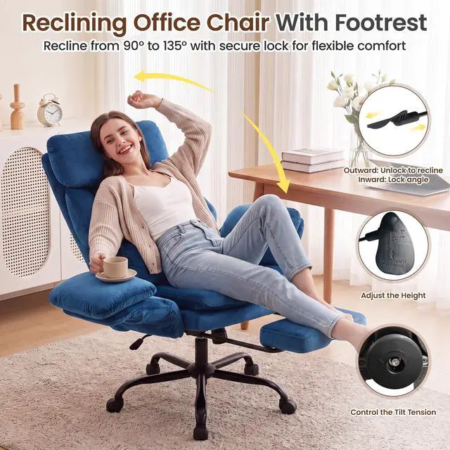 Alt view image 3 of 7 - Big and Tall Executive Office Chair with Foot Rest,Reclining | Extra Wide Seat Desk Chair with Flip Armrest,Lumbar Pillow,for Pets Sitting,Comfy Criss Cross Legged Chair,Velvet Blue