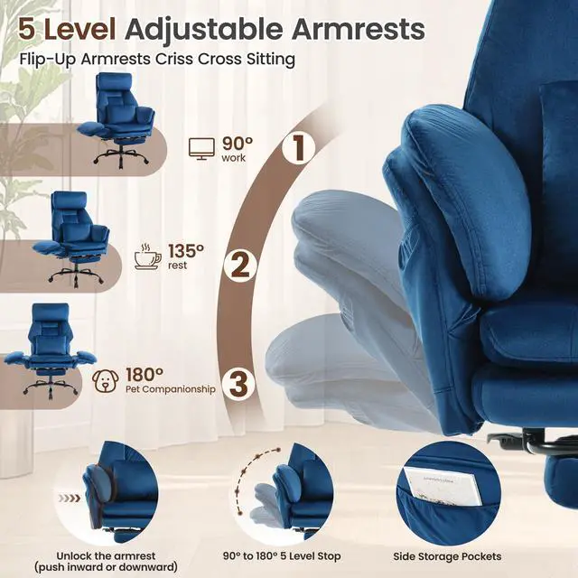 Alt view image 4 of 7 - Big and Tall Executive Office Chair with Foot Rest,Reclining | Extra Wide Seat Desk Chair with Flip Armrest,Lumbar Pillow,for Pets Sitting,Comfy Criss Cross Legged Chair,Velvet Blue