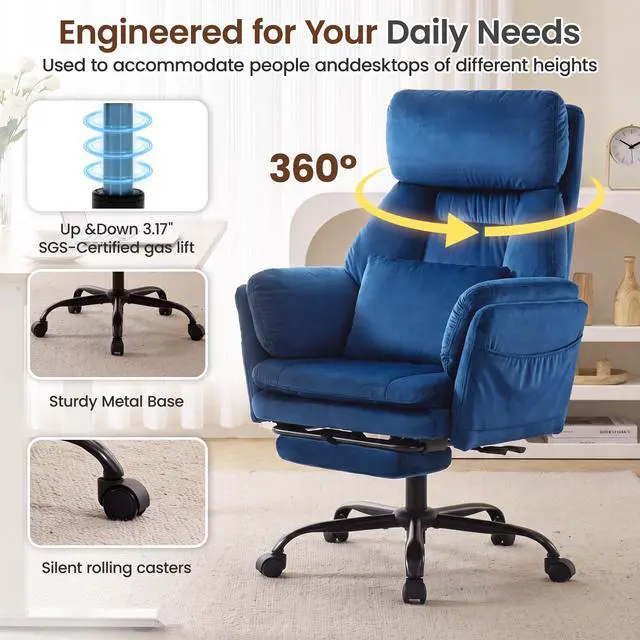 Alt view image 5 of 7 - Big and Tall Executive Office Chair with Foot Rest,Reclining | Extra Wide Seat Desk Chair with Flip Armrest,Lumbar Pillow,for Pets Sitting,Comfy Criss Cross Legged Chair,Velvet Blue