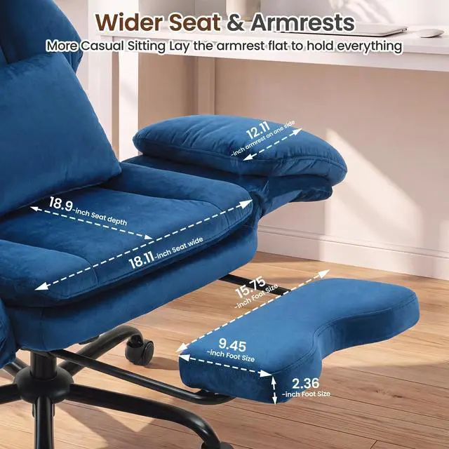 Alt view image 6 of 7 - Big and Tall Executive Office Chair with Foot Rest,Reclining | Extra Wide Seat Desk Chair with Flip Armrest,Lumbar Pillow,for Pets Sitting,Comfy Criss Cross Legged Chair,Velvet Blue