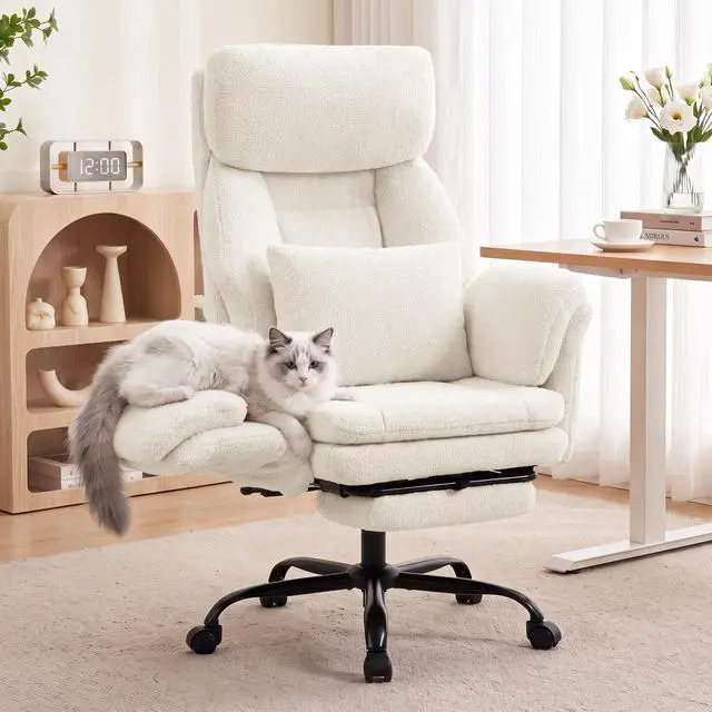 Main image of Big and Tall Executive Office Chair with Foot Rest,Reclining | Extra Wide Seat Desk Chair with Flip Armrest,Lumbar Pillow,for Pets Sitting,Comfy Criss Cross Legged Chair,Teddy White