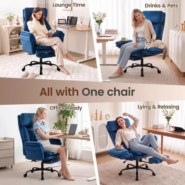 Alt view image 7 of 7 - Big and Tall Executive Office Chair with Foot Rest,Reclining | Extra Wide Seat Desk Chair with Flip Armrest,Lumbar Pillow,for Pets Sitting,Comfy Criss Cross Legged Chair,Velvet Blue