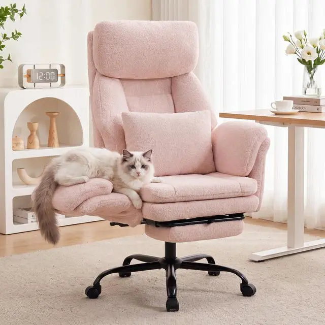 Main image of Big and Tall Executive Office Chair with Foot Rest,Reclining | Extra Wide Seat Desk Chair with Flip Armrest,Lumbar Pillow,for Pets Sitting,Comfy Criss Cross Legged Chair,Teddy Pink