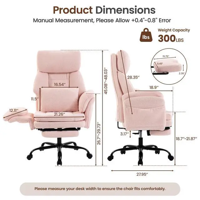 Alt view image 2 of 7 - Big and Tall Executive Office Chair with Foot Rest,Reclining | Extra Wide Seat Desk Chair with Flip Armrest,Lumbar Pillow,for Pets Sitting,Comfy Criss Cross Legged Chair,Teddy Pink