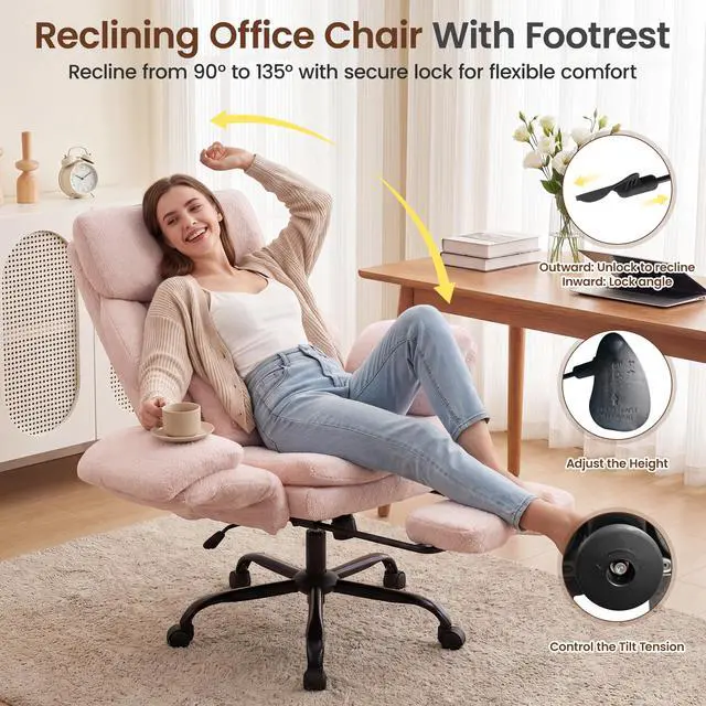 Alt view image 3 of 7 - Big and Tall Executive Office Chair with Foot Rest,Reclining | Extra Wide Seat Desk Chair with Flip Armrest,Lumbar Pillow,for Pets Sitting,Comfy Criss Cross Legged Chair,Teddy Pink