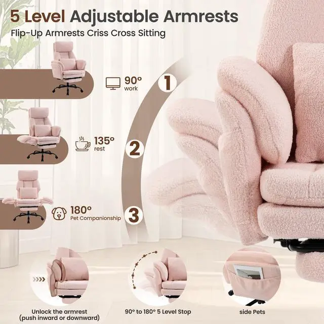 Alt view image 4 of 7 - Big and Tall Executive Office Chair with Foot Rest,Reclining | Extra Wide Seat Desk Chair with Flip Armrest,Lumbar Pillow,for Pets Sitting,Comfy Criss Cross Legged Chair,Teddy Pink