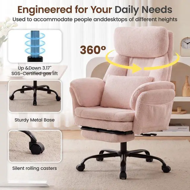 Alt view image 5 of 7 - Big and Tall Executive Office Chair with Foot Rest,Reclining | Extra Wide Seat Desk Chair with Flip Armrest,Lumbar Pillow,for Pets Sitting,Comfy Criss Cross Legged Chair,Teddy Pink