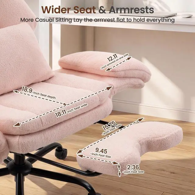 Alt view image 6 of 7 - Big and Tall Executive Office Chair with Foot Rest,Reclining | Extra Wide Seat Desk Chair with Flip Armrest,Lumbar Pillow,for Pets Sitting,Comfy Criss Cross Legged Chair,Teddy Pink