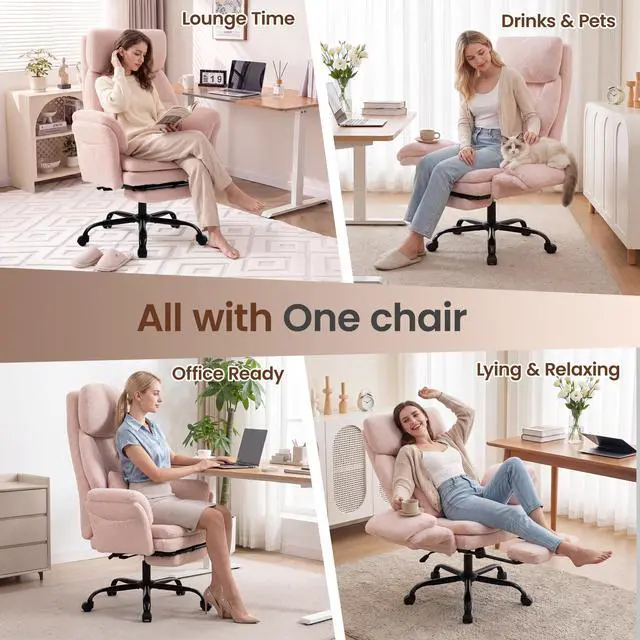Alt view image 7 of 7 - Big and Tall Executive Office Chair with Foot Rest,Reclining | Extra Wide Seat Desk Chair with Flip Armrest,Lumbar Pillow,for Pets Sitting,Comfy Criss Cross Legged Chair,Teddy Pink